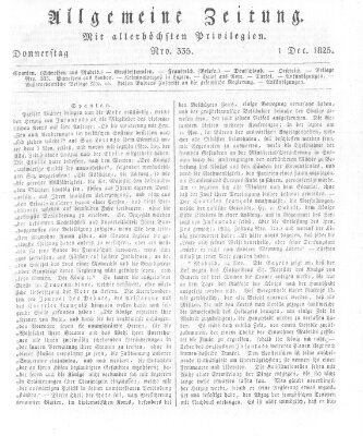Allgemeine Zeitung Donnerstag 1. Dezember 1825