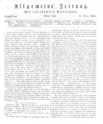 Allgemeine Zeitung Sonntag 11. Dezember 1825