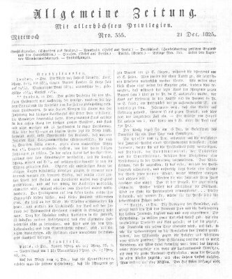 Allgemeine Zeitung Mittwoch 21. Dezember 1825