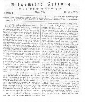 Allgemeine Zeitung Dienstag 27. Dezember 1825