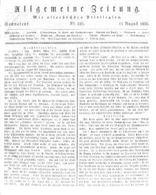 Allgemeine Zeitung Samstag 14. August 1830