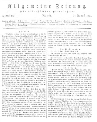 Allgemeine Zeitung Dienstag 31. August 1830