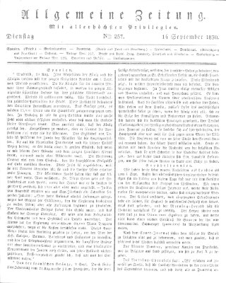 Allgemeine Zeitung Dienstag 14. September 1830