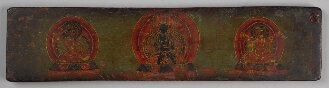 Tibetischer Buchdeckel (Oberdeckel) mit Darstellungen der tibetischen Kagyü-Schule (Cod.tibet. 1008(1