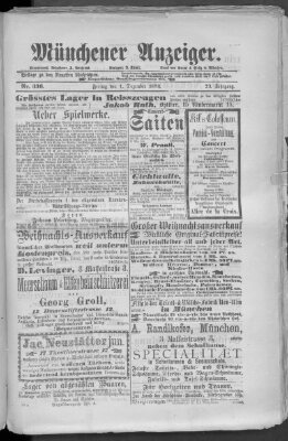 Münchener Anzeiger (Münchner neueste Nachrichten) Freitag 1. Dezember 1876