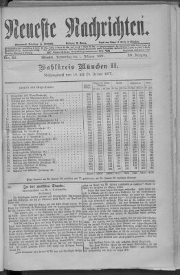 Neueste Nachrichten (Münchner neueste Nachrichten) Donnerstag 1. Februar 1877