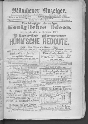 Münchener Anzeiger (Münchner neueste Nachrichten) Dienstag 6. Februar 1877