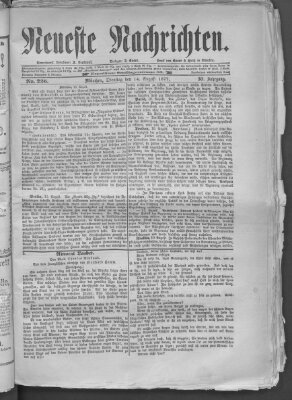 Neueste Nachrichten (Münchner neueste Nachrichten) Dienstag 14. August 1877