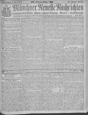 Münchner neueste Nachrichten Donnerstag 14. April 1892