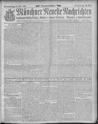 Münchner neueste Nachrichten Donnerstag 14. Juli 1892