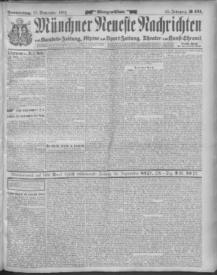 Münchner neueste Nachrichten Donnerstag 15. September 1892