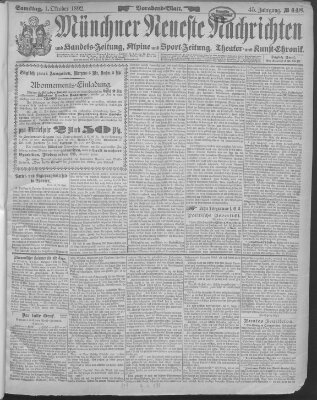 Münchner neueste Nachrichten Samstag 1. Oktober 1892