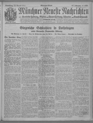 Münchner neueste Nachrichten Samstag 22. August 1914