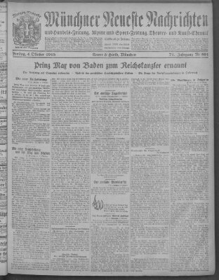 Münchner neueste Nachrichten Freitag 4. Oktober 1918