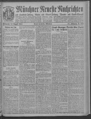 Münchner neueste Nachrichten Mittwoch 17. August 1921