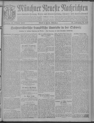 Münchner neueste Nachrichten Sonntag 21. Oktober 1917