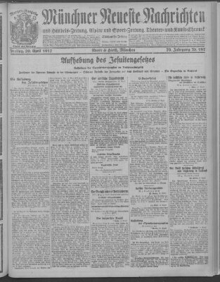 Münchner neueste Nachrichten Freitag 20. April 1917