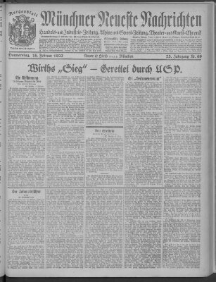 Münchner neueste Nachrichten Donnerstag 16. Februar 1922