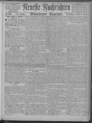 Neueste Nachrichten und Münchener Anzeiger (Münchner neueste Nachrichten) Donnerstag 2. Februar 1882