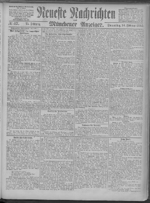 Neueste Nachrichten und Münchener Anzeiger (Münchner neueste Nachrichten) Donnerstag 16. Februar 1882