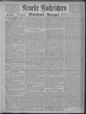 Neueste Nachrichten und Münchener Anzeiger (Münchner neueste Nachrichten) Donnerstag 4. September 1884