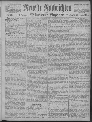 Neueste Nachrichten und Münchener Anzeiger (Münchner neueste Nachrichten) Dienstag 16. September 1884