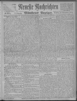 Neueste Nachrichten und Münchener Anzeiger (Münchner neueste Nachrichten) Samstag 27. September 1884