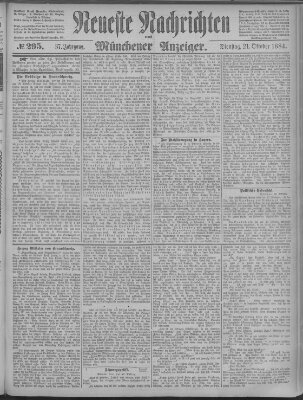 Neueste Nachrichten und Münchener Anzeiger (Münchner neueste Nachrichten) Dienstag 21. Oktober 1884