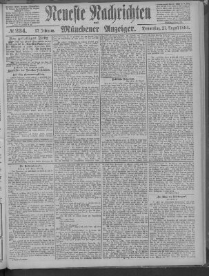 Neueste Nachrichten und Münchener Anzeiger (Münchner neueste Nachrichten) Donnerstag 21. August 1884