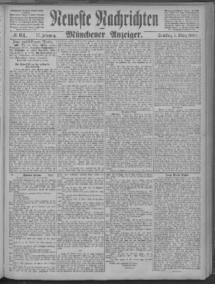 Neueste Nachrichten und Münchener Anzeiger (Münchner neueste Nachrichten) Samstag 1. März 1884