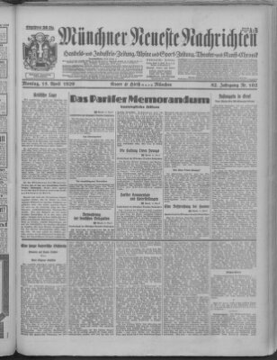 Münchner neueste Nachrichten Montag 15. April 1929