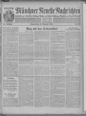 Münchner neueste Nachrichten Donnerstag 31. Dezember 1931