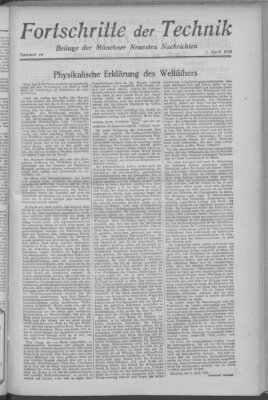 Fortschritte der Technik (Münchner neueste Nachrichten) Sonntag 1. April 1928