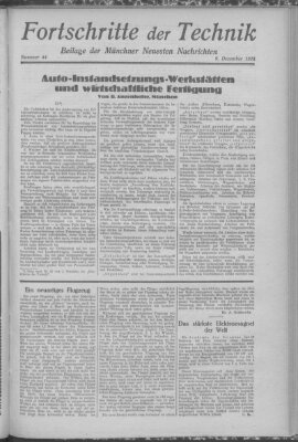 Fortschritte der Technik (Münchner neueste Nachrichten) Sonntag 9. Dezember 1928