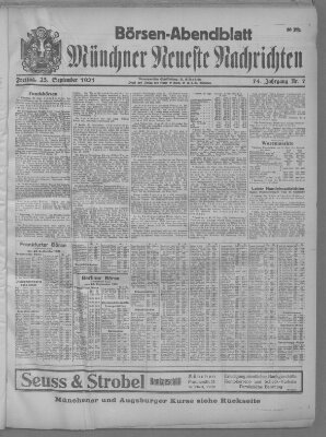 Münchner neueste Nachrichten. Börsen-Abendblatt (Münchner neueste Nachrichten) Freitag 23. September 1921