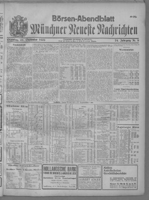 Münchner neueste Nachrichten. Börsen-Abendblatt (Münchner neueste Nachrichten) Dienstag 27. September 1921