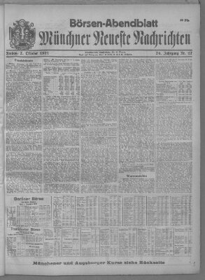 Münchner neueste Nachrichten. Börsen-Abendblatt (Münchner neueste Nachrichten) Freitag 7. Oktober 1921