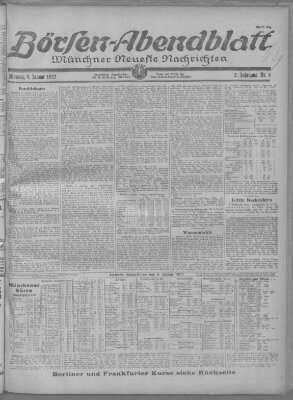 Münchner neueste Nachrichten. Börsen-Abendblatt (Münchner neueste Nachrichten) Montag 9. Januar 1922