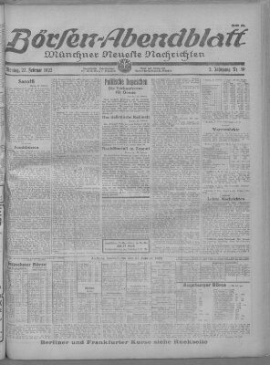 Münchner neueste Nachrichten. Börsen-Abendblatt (Münchner neueste Nachrichten) Montag 27. Februar 1922