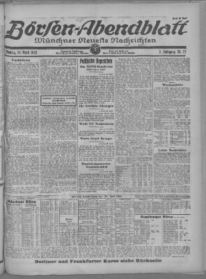 Münchner neueste Nachrichten. Börsen-Abendblatt (Münchner neueste Nachrichten) Montag 24. April 1922