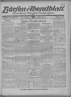 Münchner neueste Nachrichten. Börsen-Abendblatt (Münchner neueste Nachrichten) Donnerstag 14. September 1922