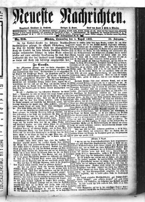 Neueste Nachrichten (Münchner neueste Nachrichten) Donnerstag 4. August 1881