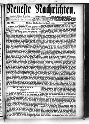 Neueste Nachrichten (Münchner neueste Nachrichten) Dienstag 16. August 1881