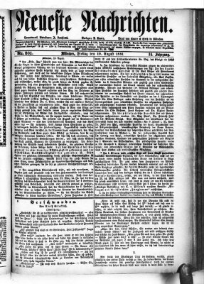 Neueste Nachrichten (Münchner neueste Nachrichten) Freitag 19. August 1881