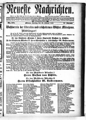 Neueste Nachrichten (Münchner neueste Nachrichten) Samstag 22. Oktober 1881