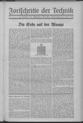 Fortschritte der Technik (Münchner neueste Nachrichten) Samstag 19. April 1930