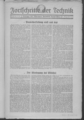 Fortschritte der Technik (Münchner neueste Nachrichten) Sonntag 7. August 1932