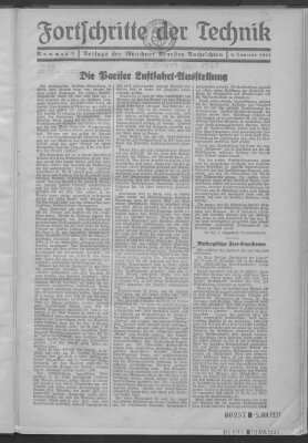 Fortschritte der Technik (Münchner neueste Nachrichten) Sonntag 4. Januar 1931