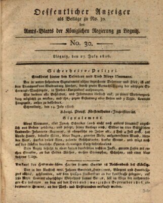 Amts-Blatt der Preußischen Regierung zu Liegnitz Samstag 27. Juli 1816