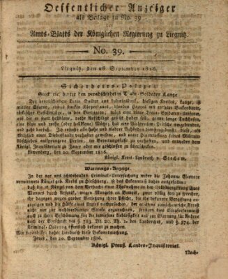 Amts-Blatt der Preußischen Regierung zu Liegnitz Samstag 28. September 1816